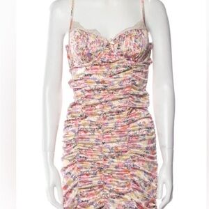 For Love & Lemons Pleated Floral Mini Dress in Pink, Purple & Cream